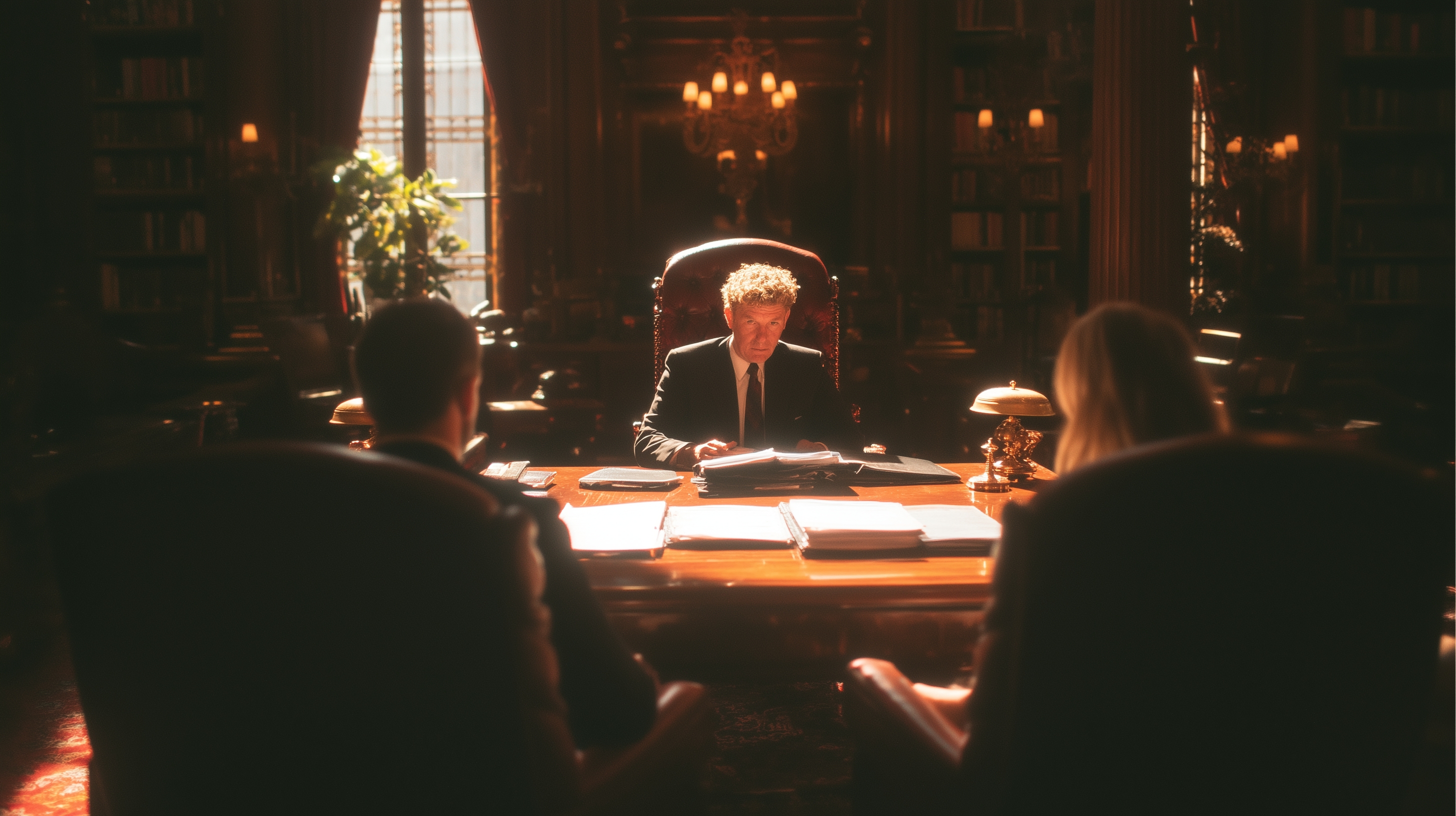 A lawyer seen in his office, meeting with a couple