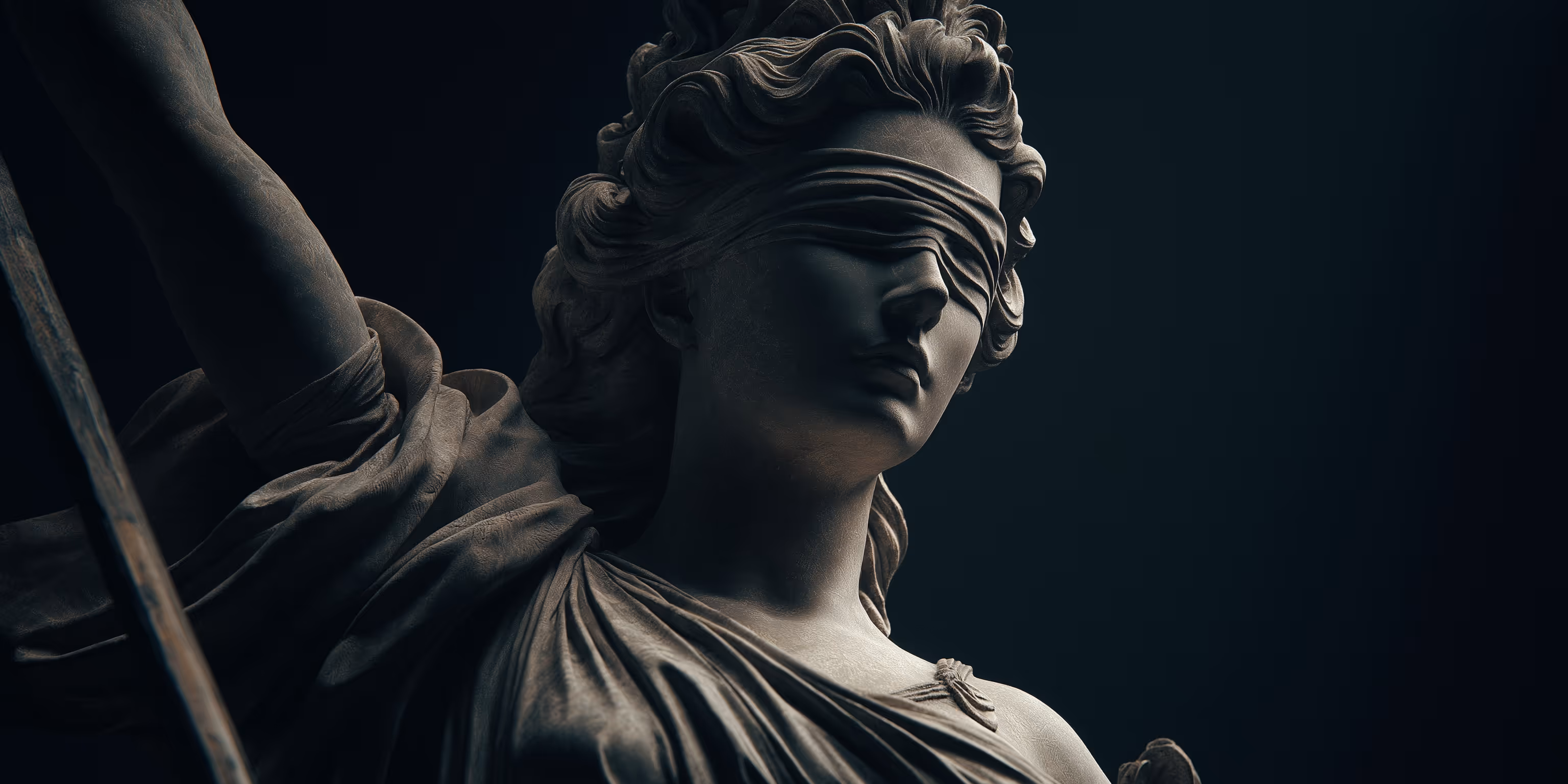 A close up view of the face of the goddess of justice.