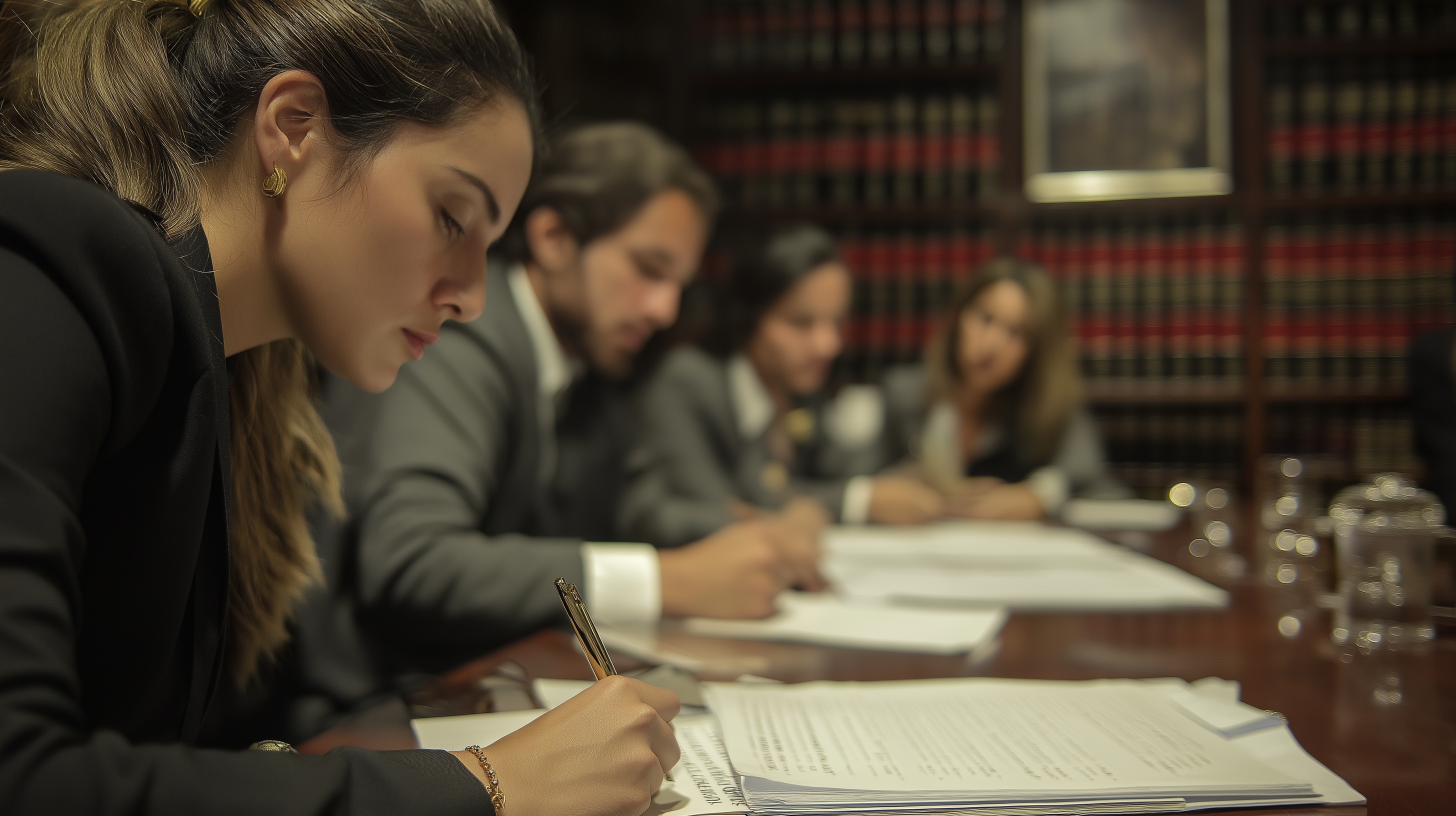 A team of attorneys in an office, reviewing legal documents